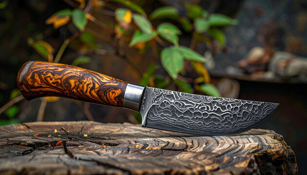 Handmade damascus steel knife displayed on rustic log