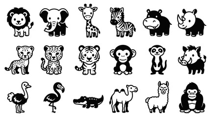 Fototapeta premium Adorable wild animal silhouette icons set, featuring a charming collection of exotic safari creatures perfect for kids' designs and educational graphics