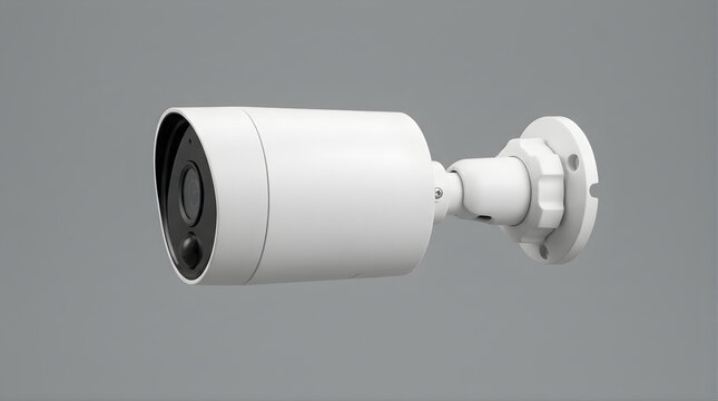 Modern white surveillance camera mounted on a swivel bracket for security monitoring and surveillance purposes against a neutral gray background