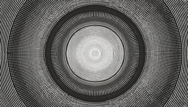 circular halftone dot pattern radiating outward black and white seamless design with precise ink stippling effect abstract geometric texture for