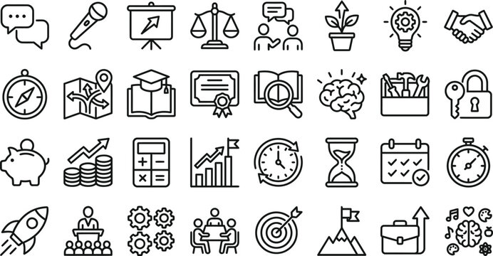 Comprehensive business and management icon set vector bundle featuring hand drawn doodle style illustrations for professional corporate projects and creative web design