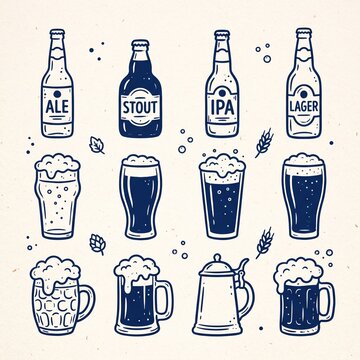Beer icons doodle set. Hand drawn brewery elements and pub drink illustrations.