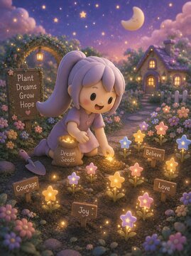 Cute 3D Clay Girl Planting Dream Seeds in a Magical Night Garden