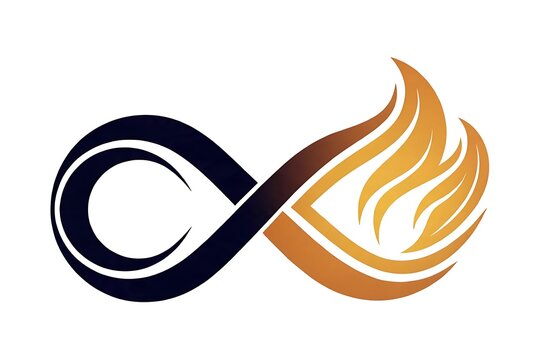 Elegant infinity symbol transforming into a flowing flame, minimalist vector logo, premium energy brand identity, isolated background.