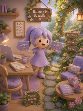 Cute 3D Clay Girl Balancing Work and Life in Cozy Home Office