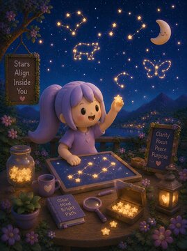 Cute 3D Clay Girl Learning Constellations Under Magical Starry Sky