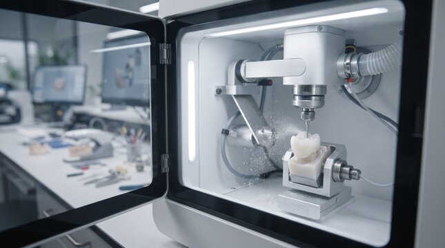 High Precision Ceramic Dental Crown Milling Inside a Modern CAD CAM Machine in a Digital Dental Laboratory with Advanced Manufacturing Technology