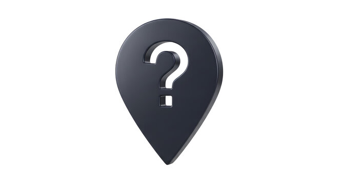 Dark grey location pin icon with a white question mark symbol for map navigation and search