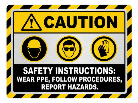Caution and safety instruction sign featuring universal warning symbols for workplace safety
