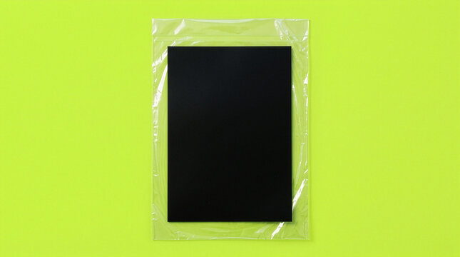 Black blank card inside clear plastic bag lying on lime green background