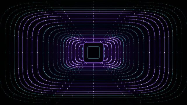 Abstract purple and green binary data tunnel flying through a futuristic digital matrix background, symbolizing concepts of big data, network traffic, internet connection and information technology