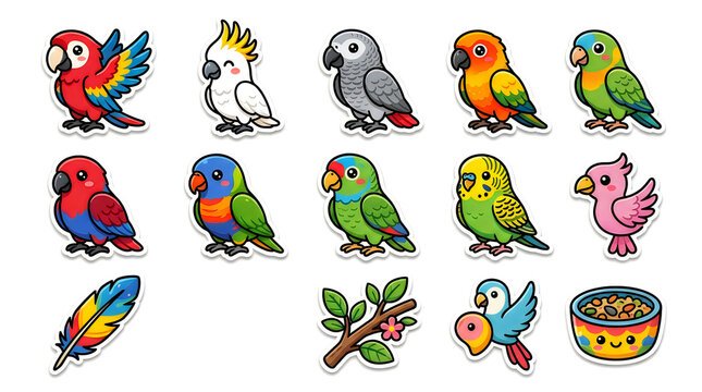 Set of cute cartoon colorful parrot birds stickers collection with various species like macaw cockatoo and budgie