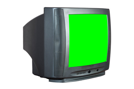 Old vintage TV from the 1980s, 1990s, 2000s with green screen isolated on white background.