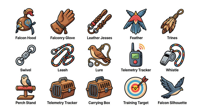 Set of falconry equipment and bird training tools including falcon hood glove jesses lure telemetry tracker whistle and carrying box for raptor birds