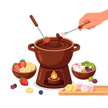 A delicious chocolate fondue pot with fresh fruits and marshmallows for dipping.