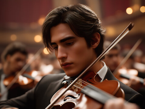 A young violinist performing on the Philharmonic Hall stage under golden lights