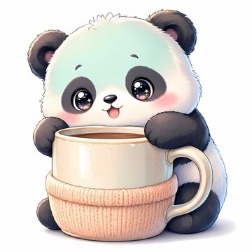 Super cute clingy panda cartoon character hugging a giant cozy coffee mug with knitted cozy sweater sleeve 