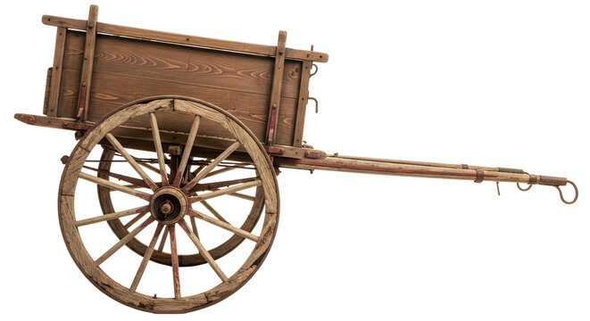 Old rustic wooden cart with large spoked wheels for farm transport