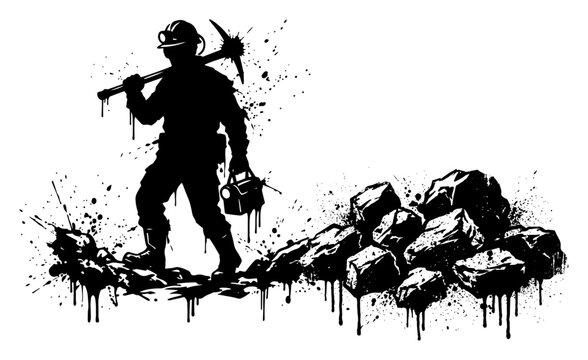 Miner with pickaxe and lantern walking past rocks in dripping stencil street art style