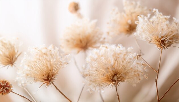 delicate dried beige blossoms in soft focus with light beige and white background