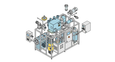 Fototapeta premium An isometric technical illustration of a complex industrial machinery skid featuring various pumps, tanks, valves, and control panels mounted on a metal frame.