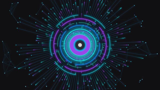 Abstract digital nucleus pulsing with blue and purple light against a dark background with subtle particle effects