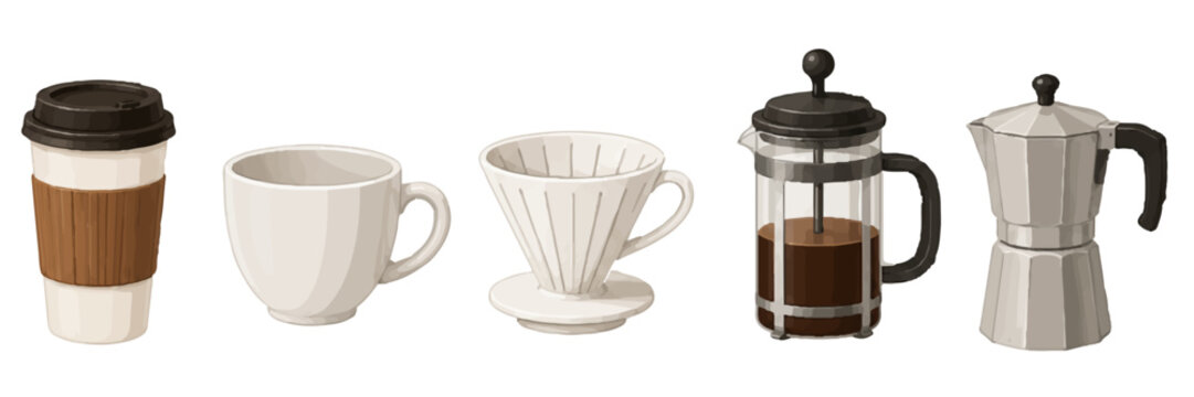 Realistic Coffee Brewing Equipment Set with Cup, Dripper, French Press and Moka Pot Vector