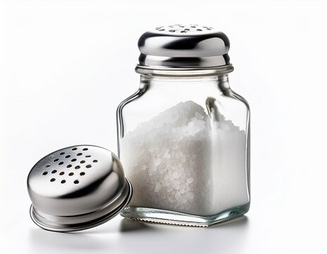 glass salt shaker filled with white crystals and a metal cap as clean isolated on white background