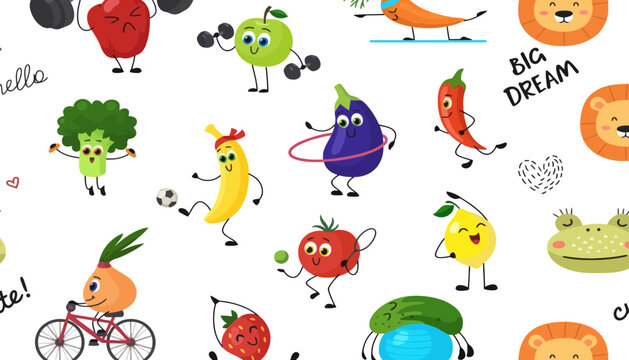 Healthy food pattern with cute cartoon fruits and vegetables