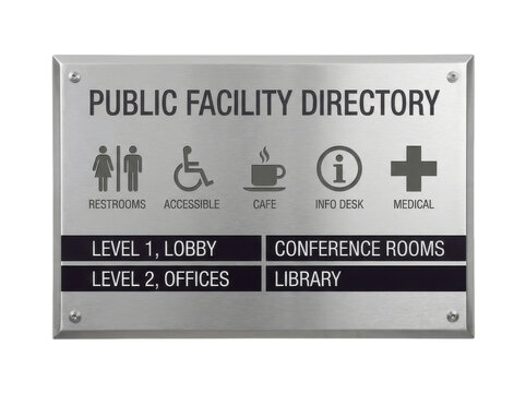 Public facility identification sign with service icons for various amenities and services