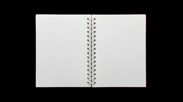 Open Spiral Bound Notebook with Blank White Pages and Red Trim Against a Stark Black Background Ideal for Notes and Sketches