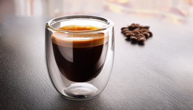 double wall clear glass cup filled with fresh espresso coffee espresso caffeine beverage breakfast