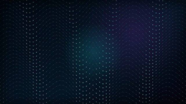 Digital futuristic background with waving columns of binary code on a dark blue and purple gradient, representing concepts like big data, artificial intelligence, and cyberspace technology