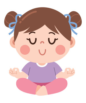 Cute Cartoon Girl Practicing Yoga Meditation Pose Flat Design Illustration