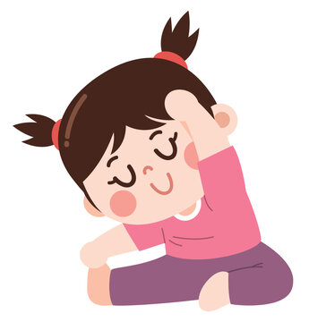 Cute Cartoon Girl Practicing Seated Side Bend Yoga Pose Flat Design Illustration