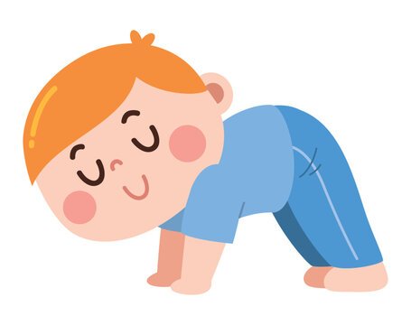 Cute Cartoon Boy Practicing Downward Facing Dog Yoga Pose Flat Design Illustration