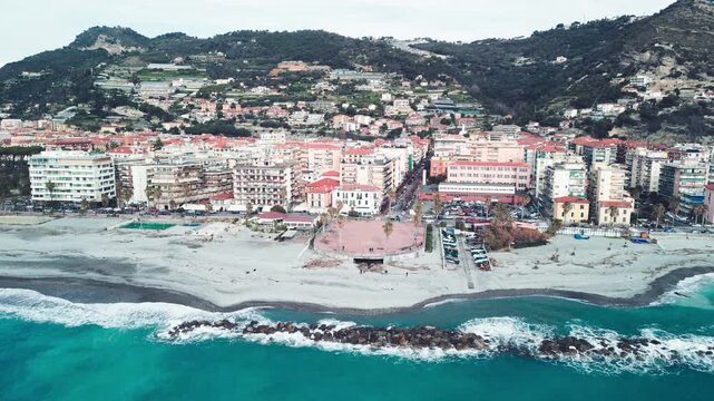 Drone panorama of Ventimiglia coast showing beaches, harbor, and Italian Riviera scenery