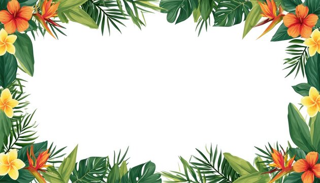 Tropical Floral Border with Lush Green Leaves and Vibrant Flowers.