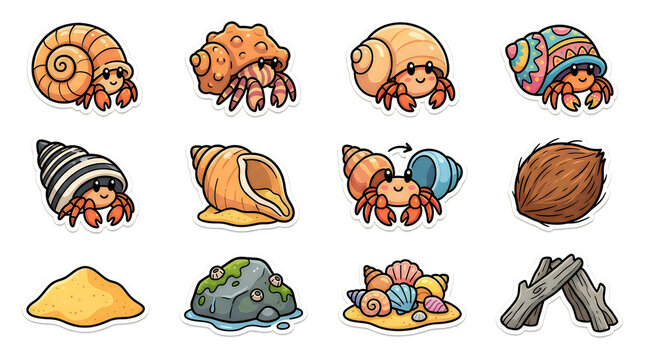 Set of cute cartoon hermit crabs and beach elements including shells sand rocks and driftwood