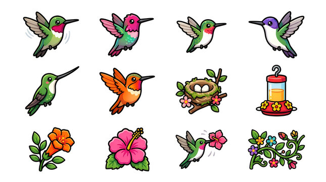Set of cute cartoon hummingbirds with tropical flowers and a bird feeder
