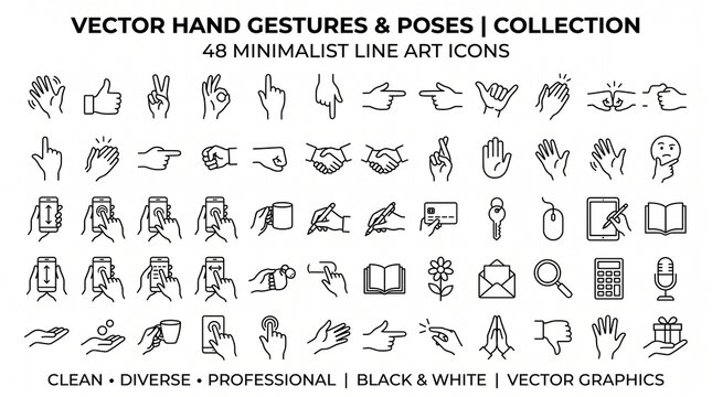 Hand gestures and poses icon set. Minimalist line art collection for UI design.
