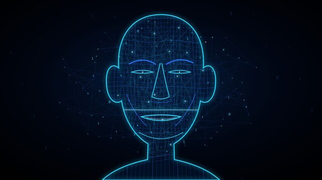 Futuristic artificial intelligence system performing a facial recognition scan for biometric identification, processing personal data with a glowing blue digital grid over a human silhouette