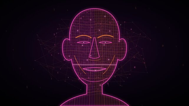 Glowing purple human head silhouette undergoing a futuristic facial recognition scan, processing biometric data with a plexus network and binary code for advanced digital identity verification