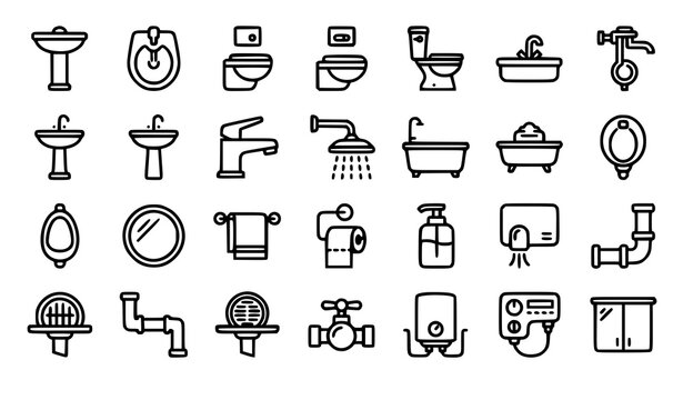 Bathroom Sanitary Equipment Line Icon Set Editable Stroke Plumbing Vector Collection