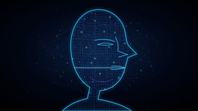 Digital animation of an artificial intelligence human profile undergoing a facial recognition scan, with binary code and plexus network data processing inside the glowing neon blue outline