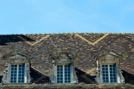 H&ocirc;tel de Vog&uuml;&eacute;. The roof features a diamond-patterned layout of glazed Burgundian tiles, punctuated by three classical dormers with sculpted pediments and foliage volutes.