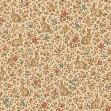 Vintage floral pattern with cute rabbits among colorful flowers on a beige background.