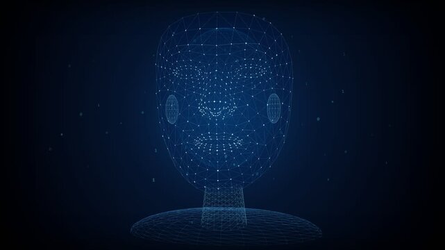 Three-dimensional digital wireframe model of a human head slowly rotating in a futuristic plexus network, representing the concept of artificial intelligence, machine learning, and data