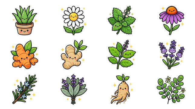 Set of cute cartoon herbs and plants with happy faces including chamomile ginger and lavender