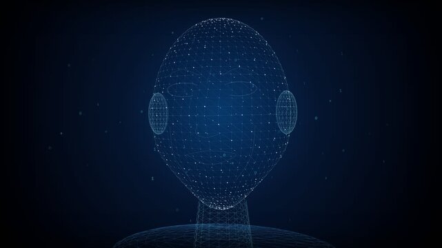 Digital rendering of a humanoid ai head slowly rotating and blinking, representing concepts like machine learning, facial recognition, and futuristic virtual communication technology